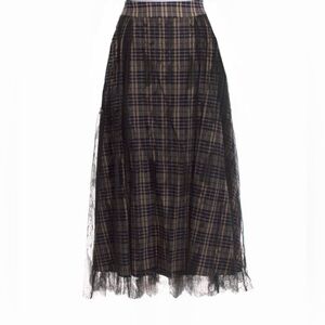 Teija Plaid Midi Skirt with lace overlay in Black and Brown